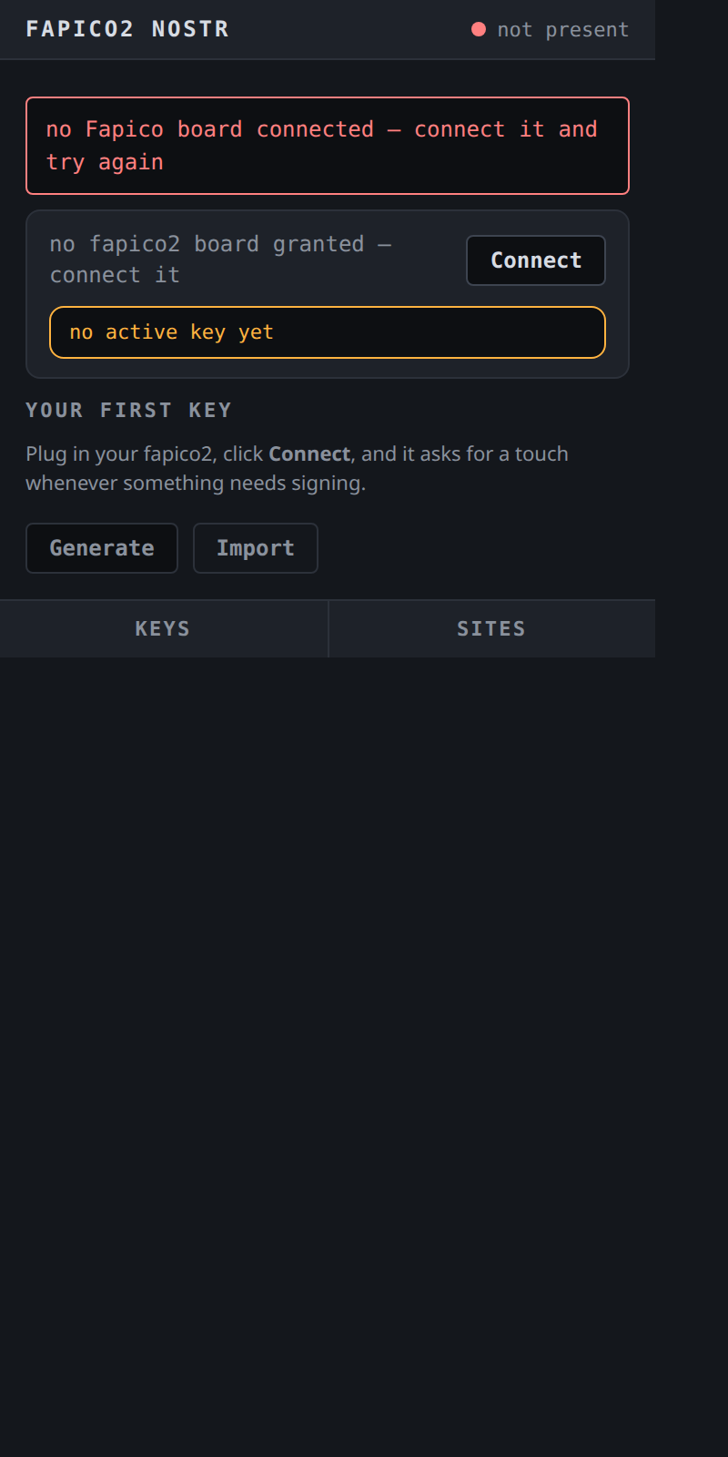 The extension popup on first run, before any board is connected